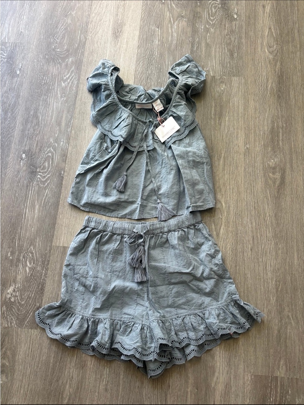 Shabby Chic Dusty Blue Embroidered Ruffled Tie-Front Short Set